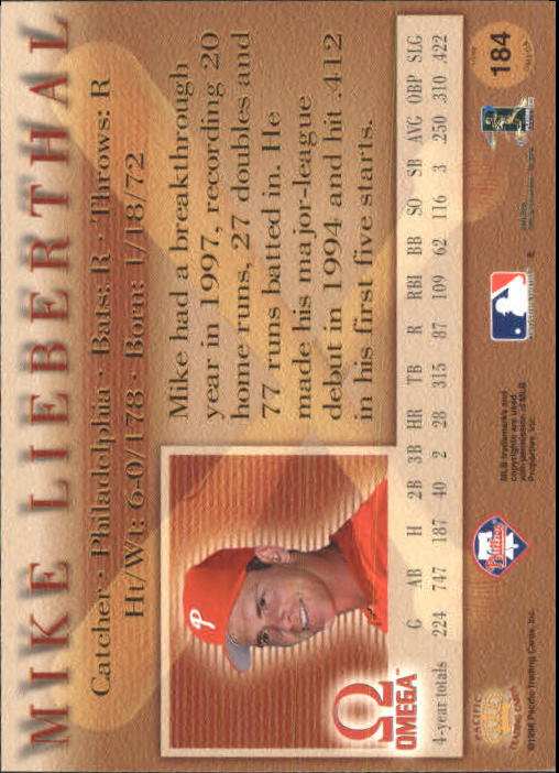 1998 Pacific Omega #184 Mike Lieberthal back image