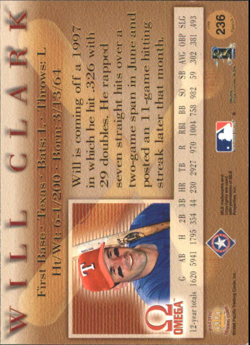 1998 Pacific Omega #236 Will Clark back image
