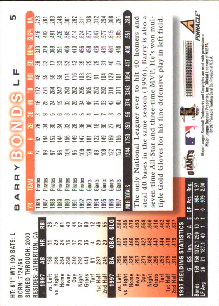 1998 Score #5 Barry Bonds back image