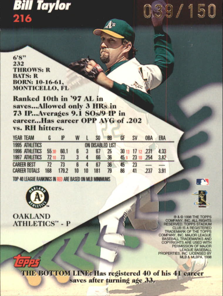 1998 Stadium Club One Of A Kind #216 Bill Taylor back image