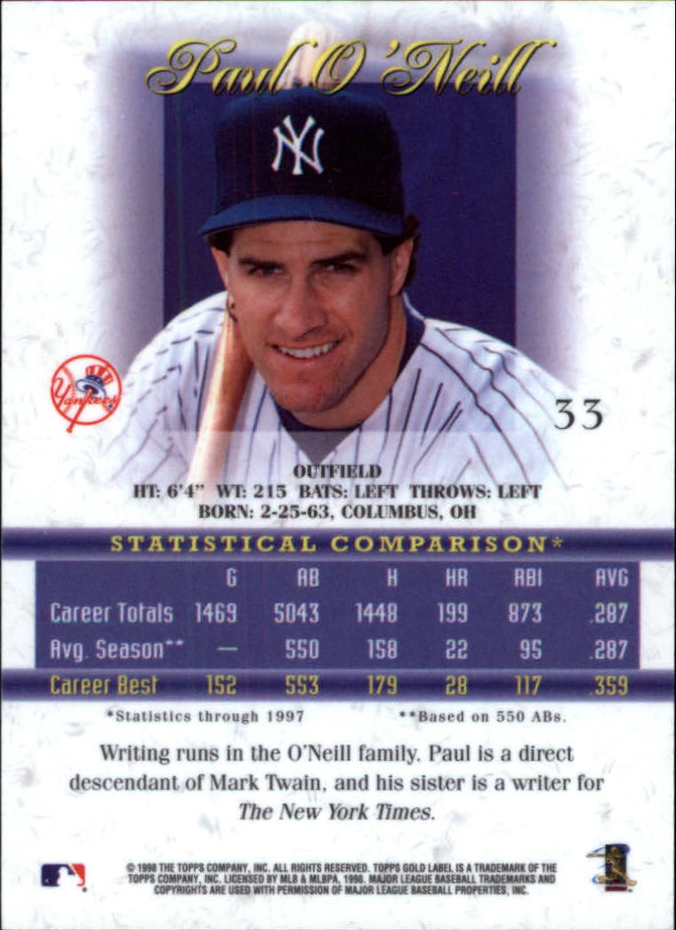 1998 Topps Gold Label Class 1 #33 Paul O'Neill back image