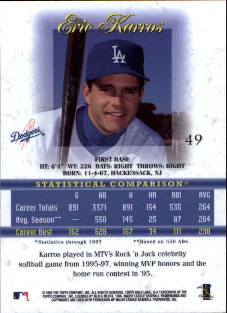 1998 Topps Gold Label Class 1 #49 Eric Karros back image