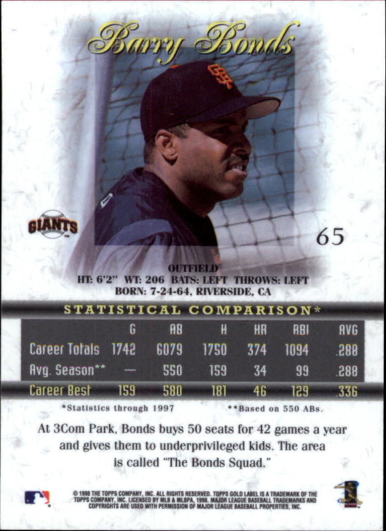 1998 Topps Gold Label Class 1 #65 Barry Bonds back image