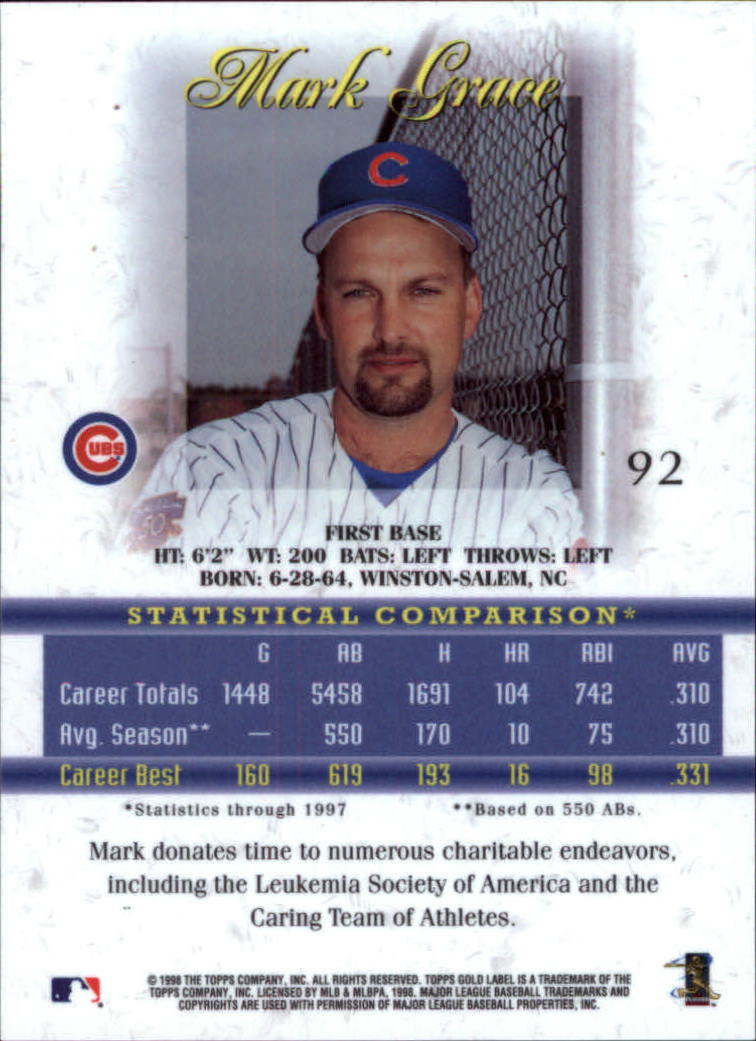 1998 Topps Gold Label Class 1 #92 Mark Grace back image
