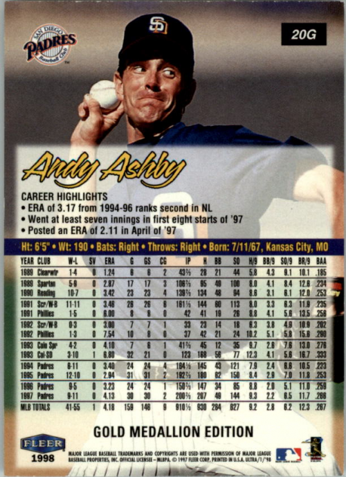 1998 Ultra Gold Medallion #20G Andy Ashby back image