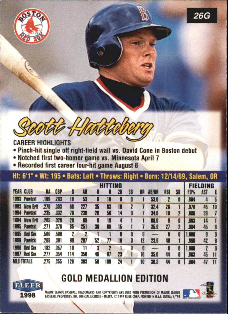 1998 Ultra Gold Medallion #26G Scott Hatteberg back image