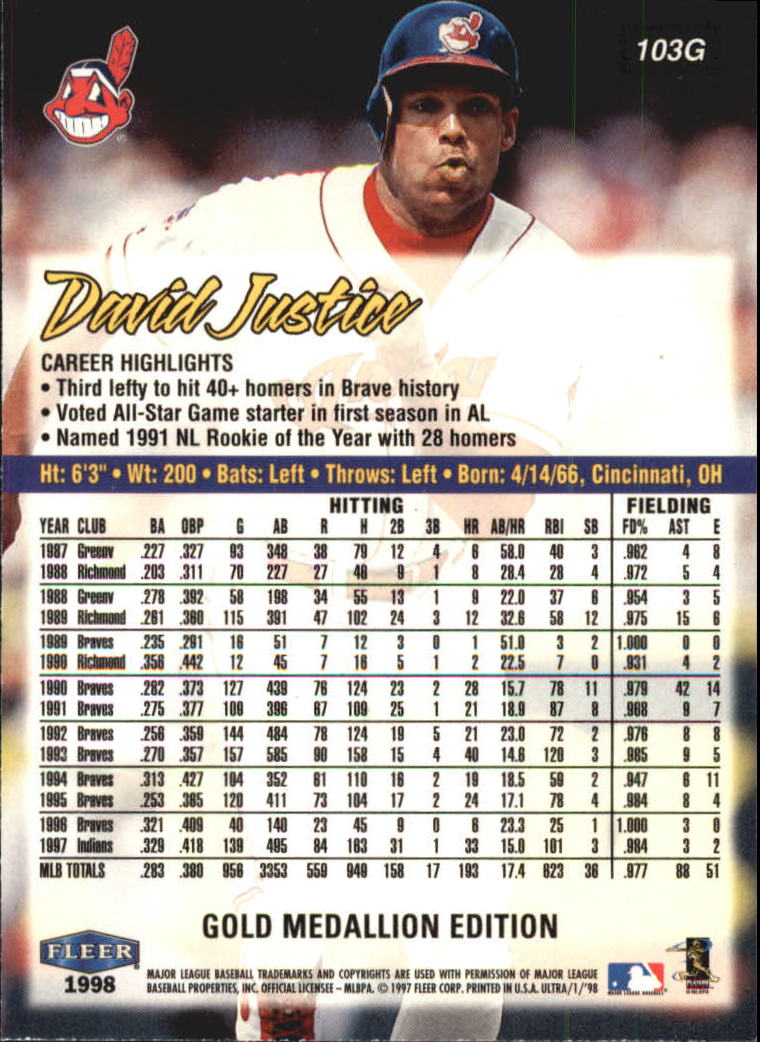 1998 Ultra Gold Medallion #103G David Justice back image