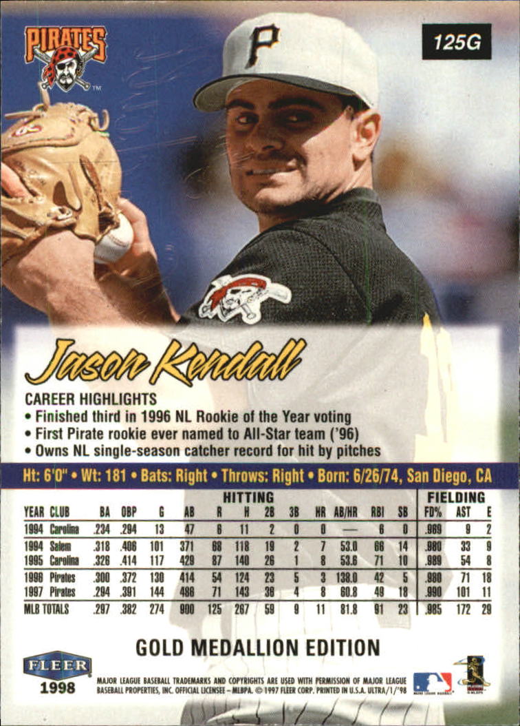 1998 Ultra Gold Medallion #125G Jason Kendall back image