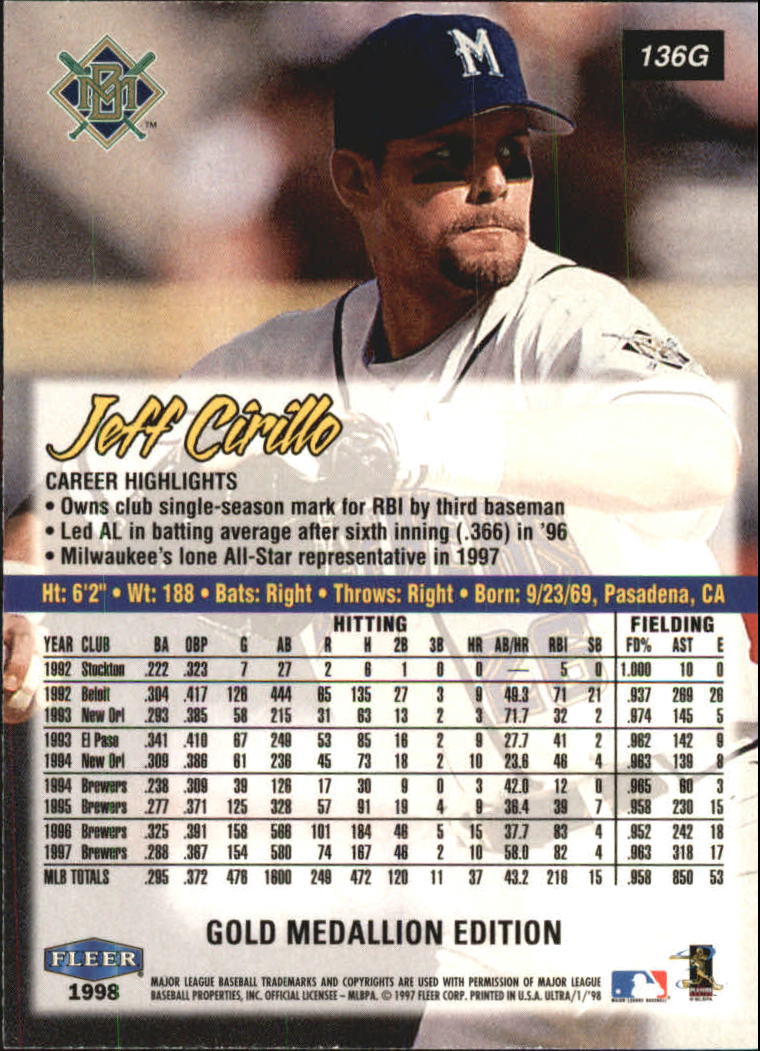 1998 Ultra Gold Medallion #136G Jeff Cirillo back image