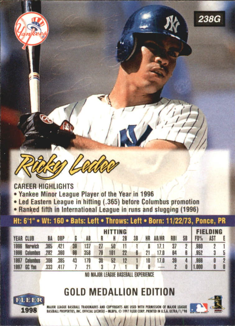 1998 Ultra Gold Medallion #238G Ricky Ledee PROS back image