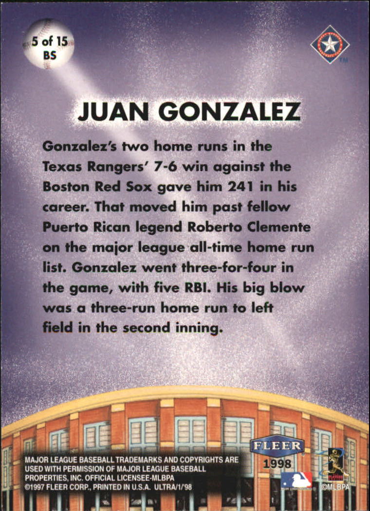 1998 Ultra Big Shots #5 Juan Gonzalez back image