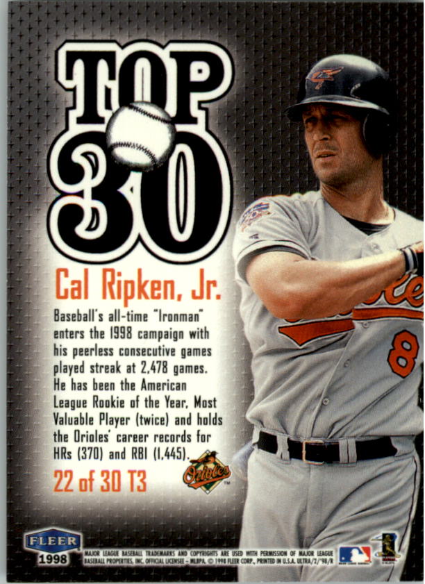 1998 Ultra Top 30 #22 Cal Ripken back image