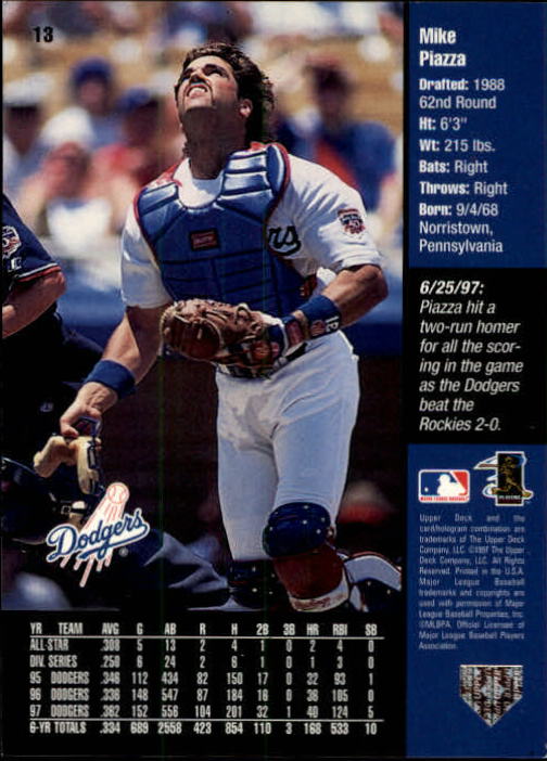 1998 Upper Deck #13 Mike Piazza GHL back image