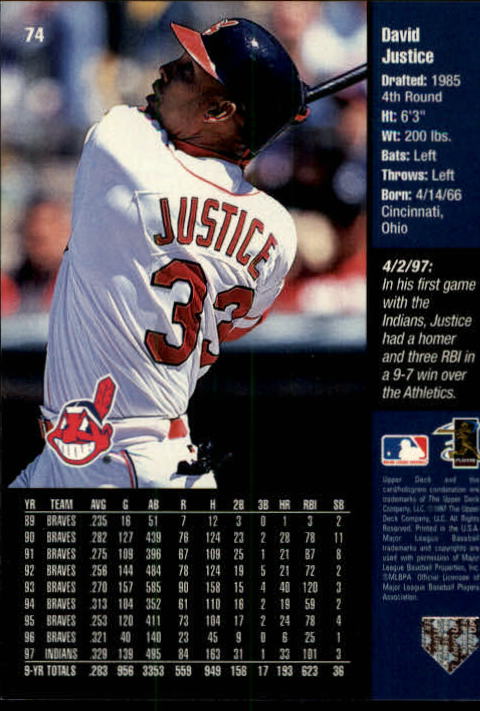 1998 Upper Deck #74 David Justice back image