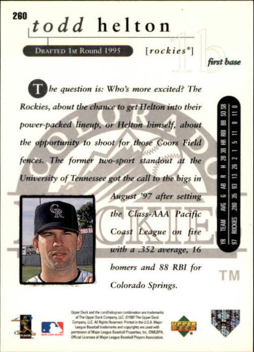 1998 Upper Deck #260 Todd Helton back image