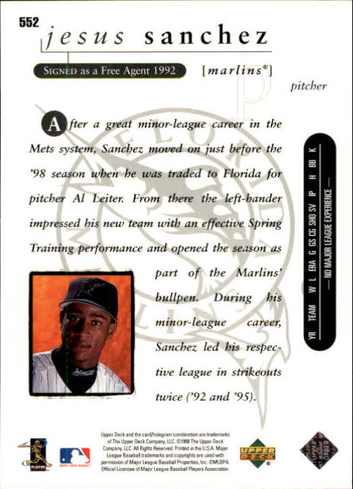 1998 Upper Deck #552 Jesus Sanchez RC back image