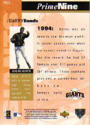 1998 Upper Deck Prime Nine #PN53 Barry Bonds/1994 back image