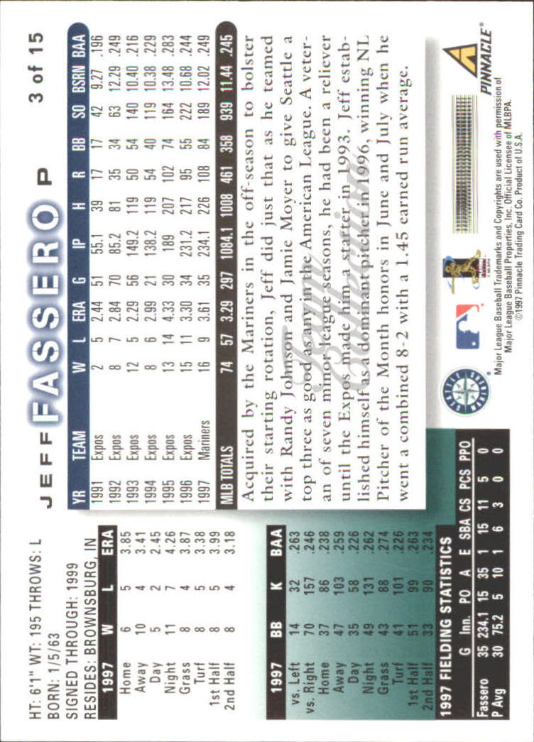 1998 Mariners Score #3 Jeff Fassero back image