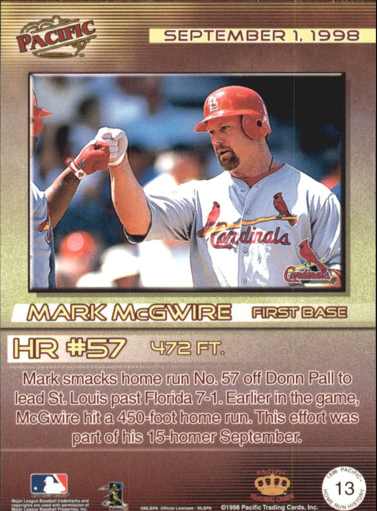 1998 Pacific Home Run History #13 Mark McGwire back image