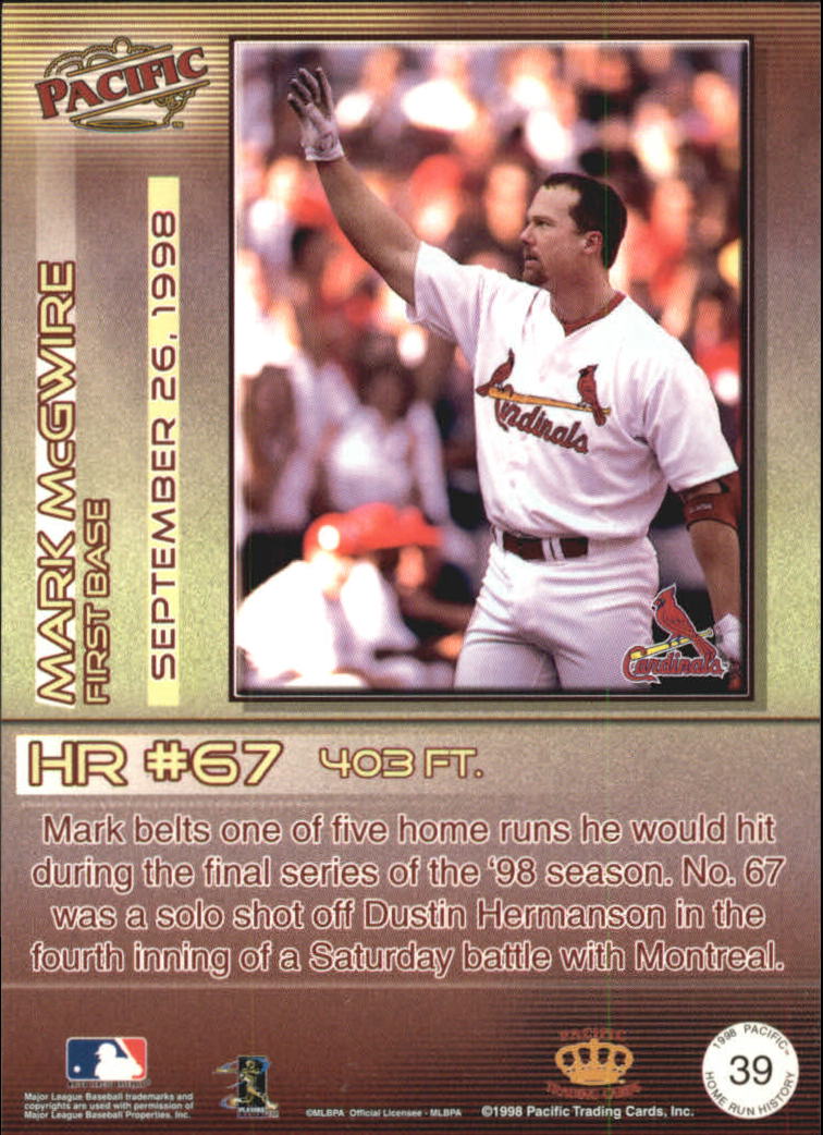 1998 Pacific Home Run History #39 Mark McGwire back image