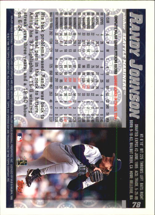 1998 Topps Opening Day #78 Randy Johnson back image