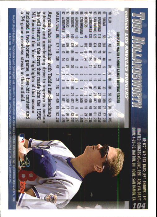 1998 Topps Opening Day #104 Todd Hollandsworth back image