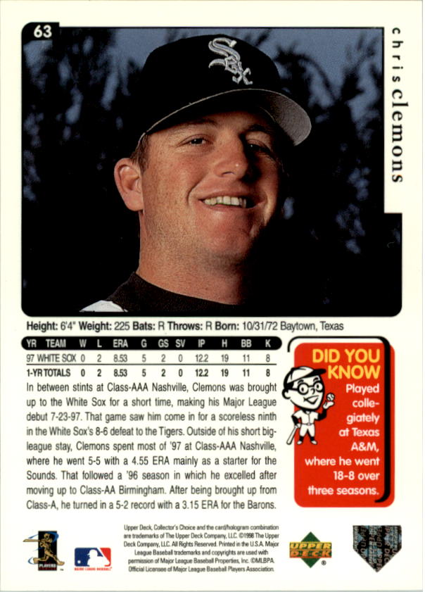 1998 Collector's Choice #63 Chris Clemons back image