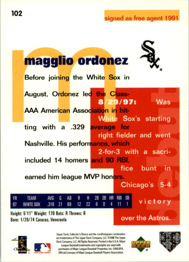 1998 Collector's Choice #102 Magglio Ordonez RC back image