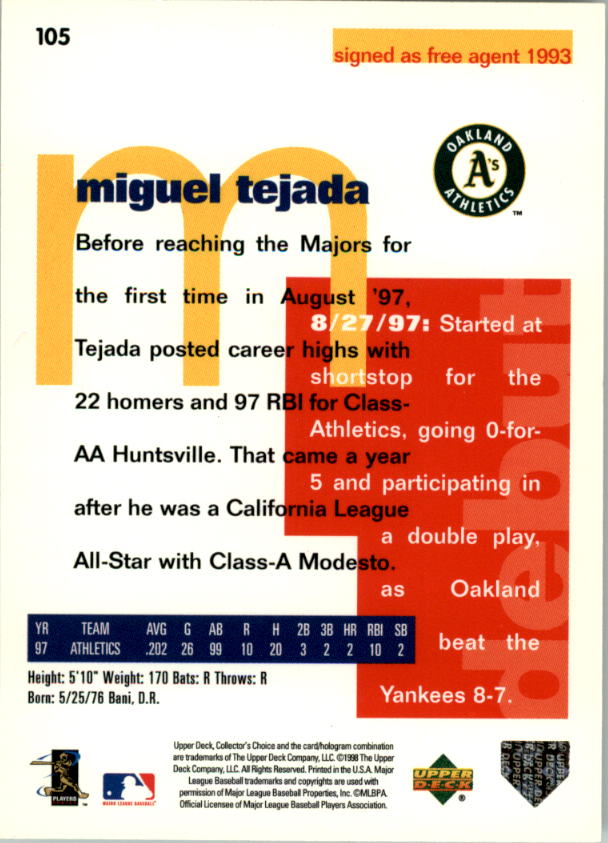 1998 Collector's Choice #105 Miguel Tejada back image