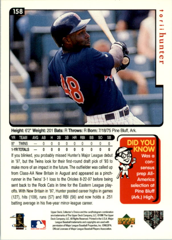 1998 Collector's Choice #158 Torii Hunter back image