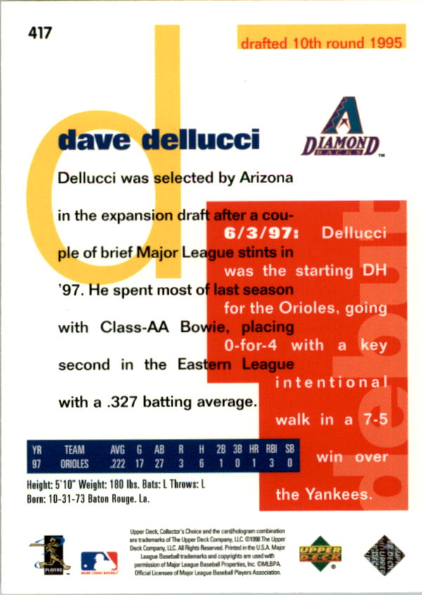 1998 Collector's Choice #417 Dave Dellucci RC back image