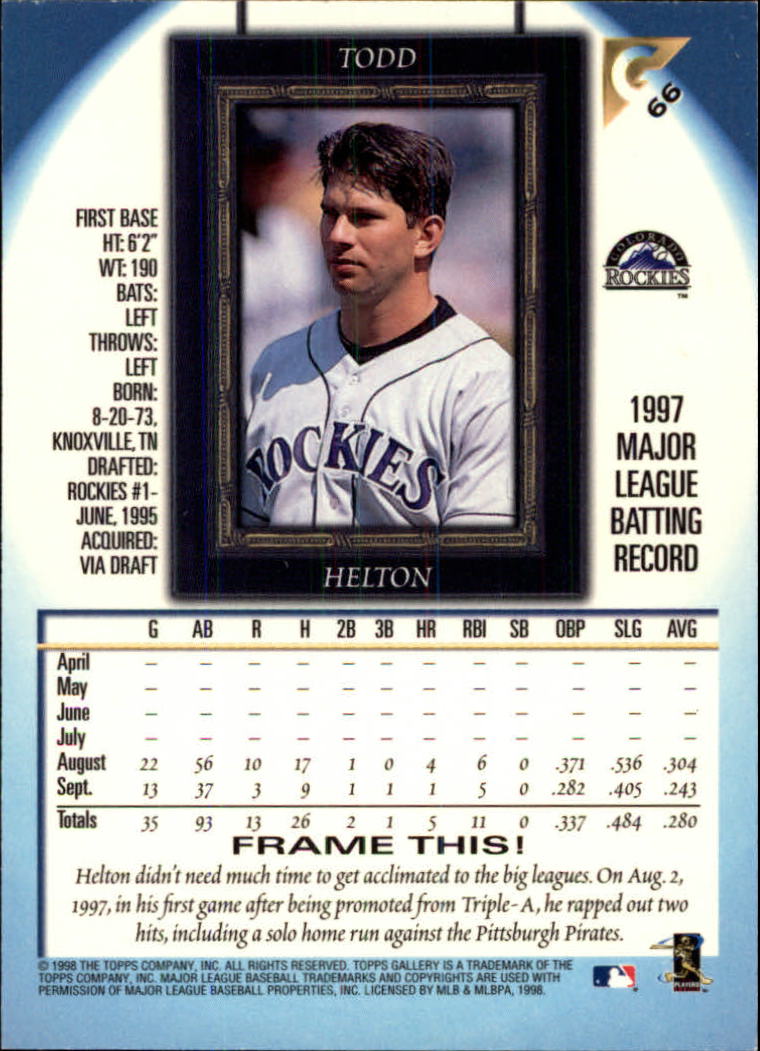 1998 Topps Gallery #66 Todd Helton back image