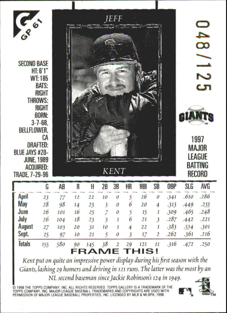 1998 Topps Gallery Gallery Proofs #61 Jeff Kent back image