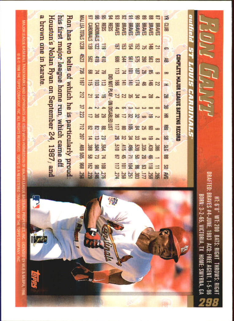 1998 Topps #298 Ron Gant back image