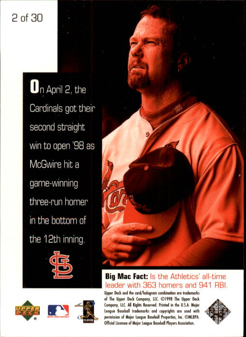 1998 Upper Deck Mark McGwire's Chase for 62 #2 Mark McGwire/Homer 4/2/98 back image