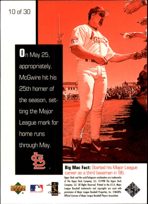 1998 Upper Deck Mark McGwire's Chase for 62 #10 Mark McGwire/25th homer of the season on May 25, back image