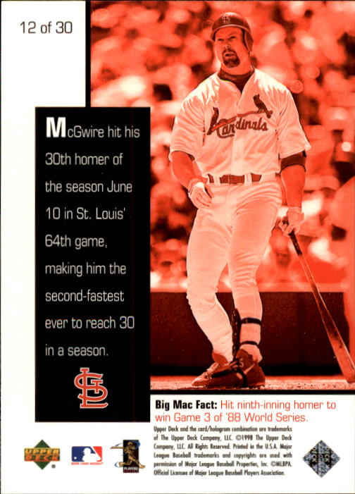 1998 Upper Deck Mark McGwire's Chase for 62 #12 Mark McGwire/30th homer of the season on June 10, back image
