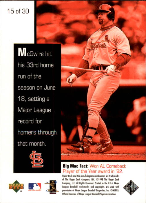 1998 Upper Deck Mark McGwire's Chase for 62 #15 Mark McGwire/33rd Home run of the season on June back image