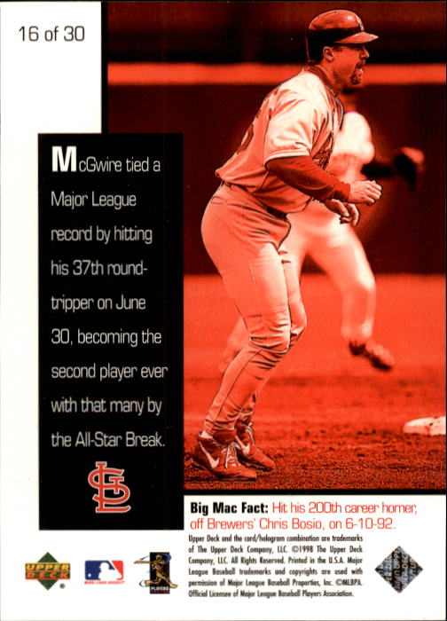 1998 Upper Deck Mark McGwire's Chase for 62 #16 Mark McGwire/37th homer 6/30/98 back image
