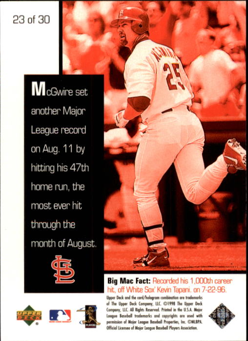 1998 Upper Deck Mark McGwire's Chase for 62 #23 Mark McGwire/47th homer 8/11/98 back image