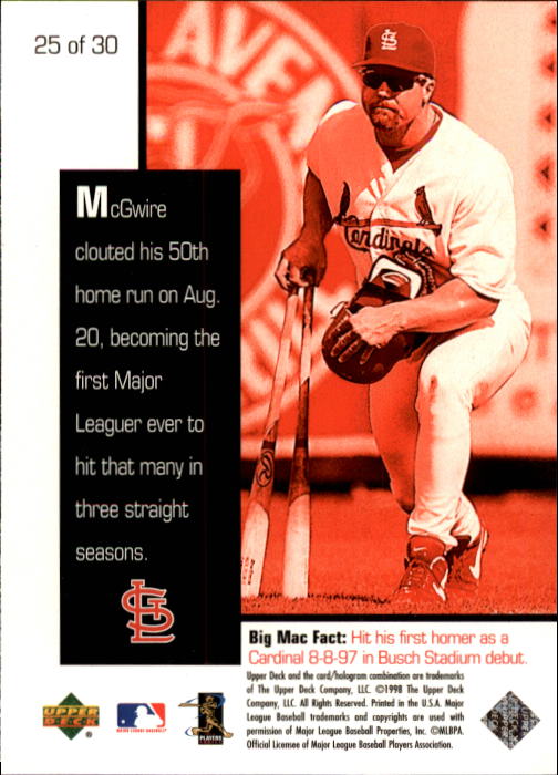 1998 Upper Deck Mark McGwire's Chase for 62 #25 Mark McGwire/50th homer 8/20/98 back image