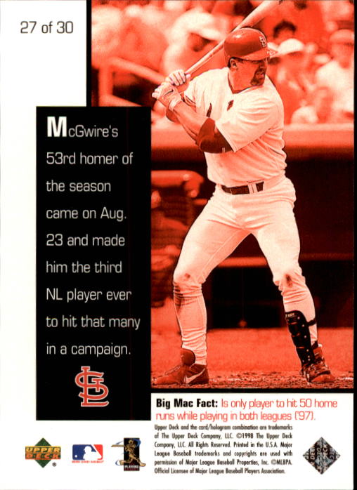 1998 Upper Deck Mark McGwire's Chase for 62 #27 Mark McGwire/53rd homer 8/23/98 back image