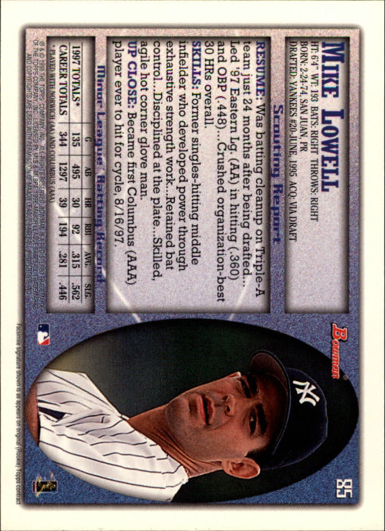 1998 Bowman #85 Mike Lowell RC back image