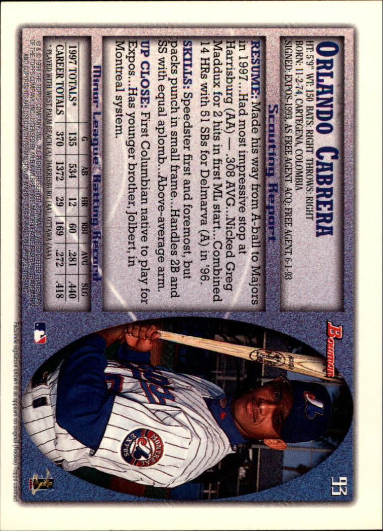 1998 Bowman #93 Orlando Cabrera back image