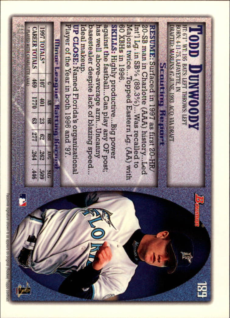 1998 Bowman #189 Todd Dunwoody back image