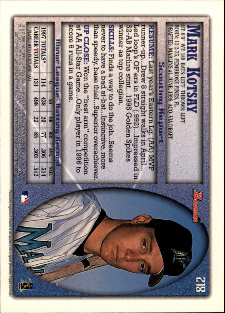 A2158- 1998 Bowman Baseball Card #s 1-250 +Rookies -You Pick- 15+ FREE US SHIP - Picture 431 of 493
