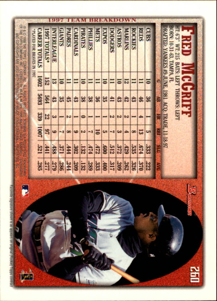 1998 Bowman #260 Fred McGriff back image