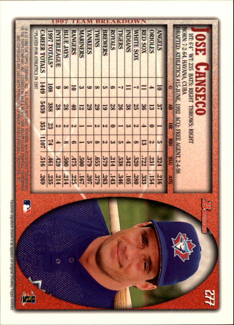 1998 Bowman #277 Jose Canseco back image