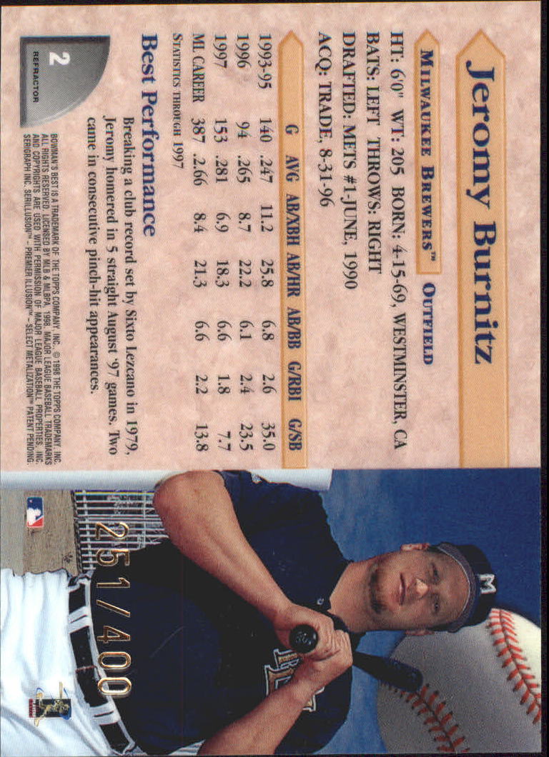1998 Bowman's Best Refractors #2 Jeromy Burnitz back image