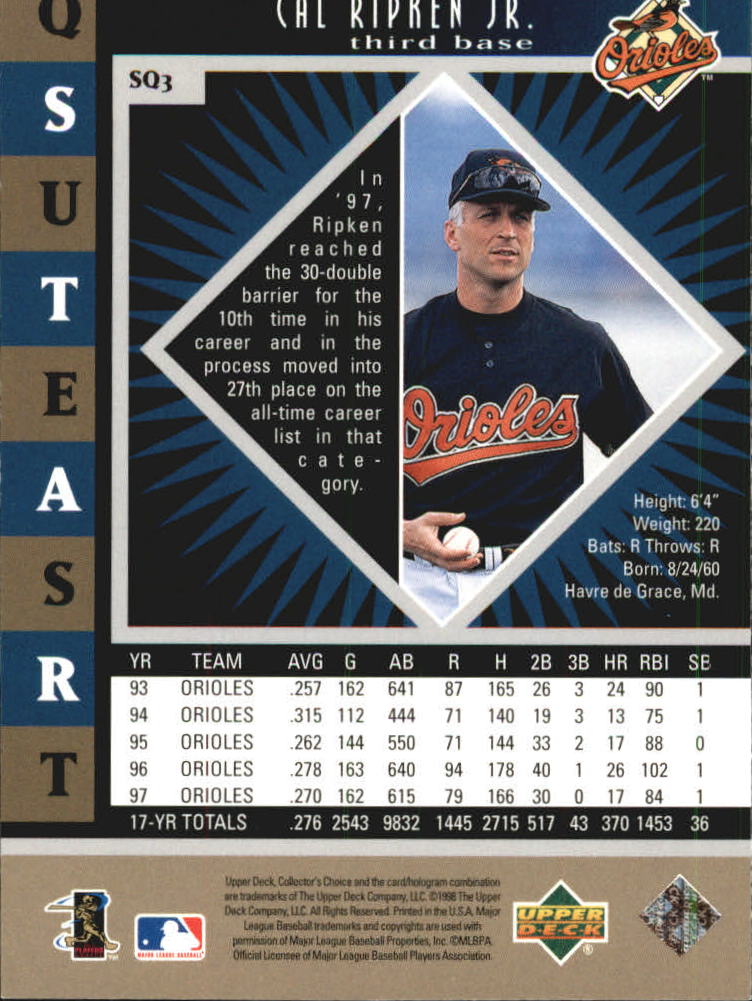 1998 Collector's Choice StarQuest Single #3 Cal Ripken back image
